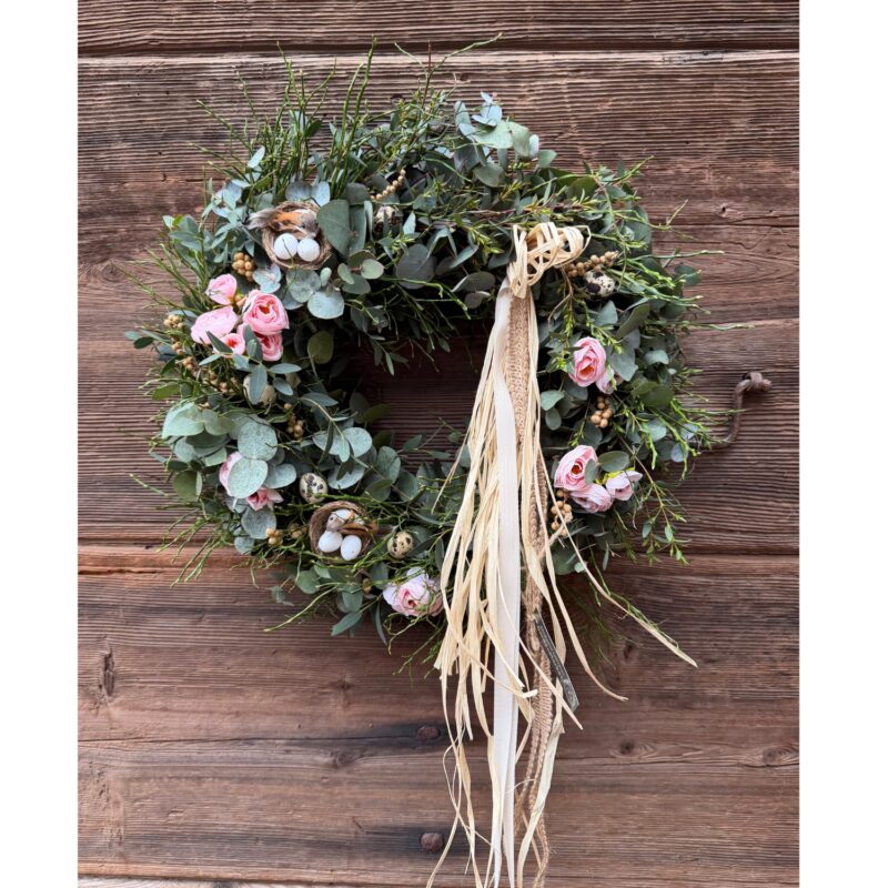 Eucalyptový věnec s borůvčím/průměr 30cm/Růžový květ