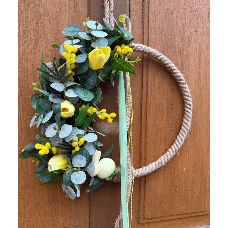 Trvanlivý jarní věnec na jutovém kruhu/průměr 30cm/žluté tulipány